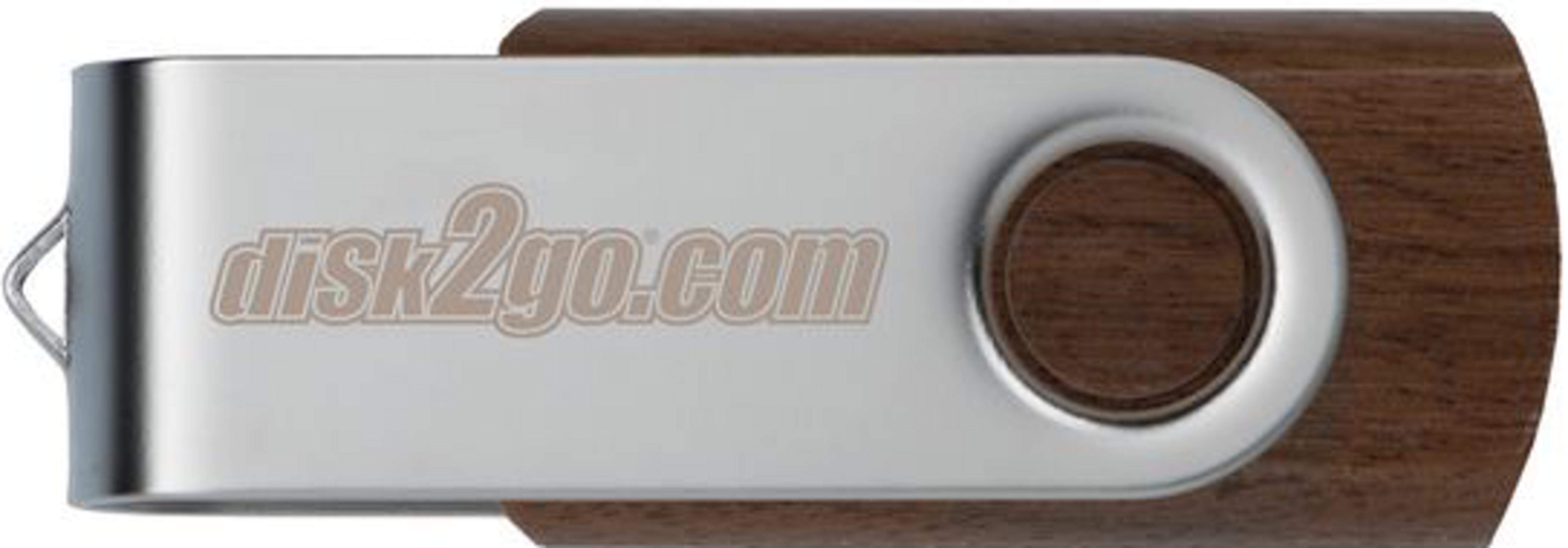 Une clé USB avec boîtier en bois et connecteur pivotant argenté. Marque: disk2go.com.