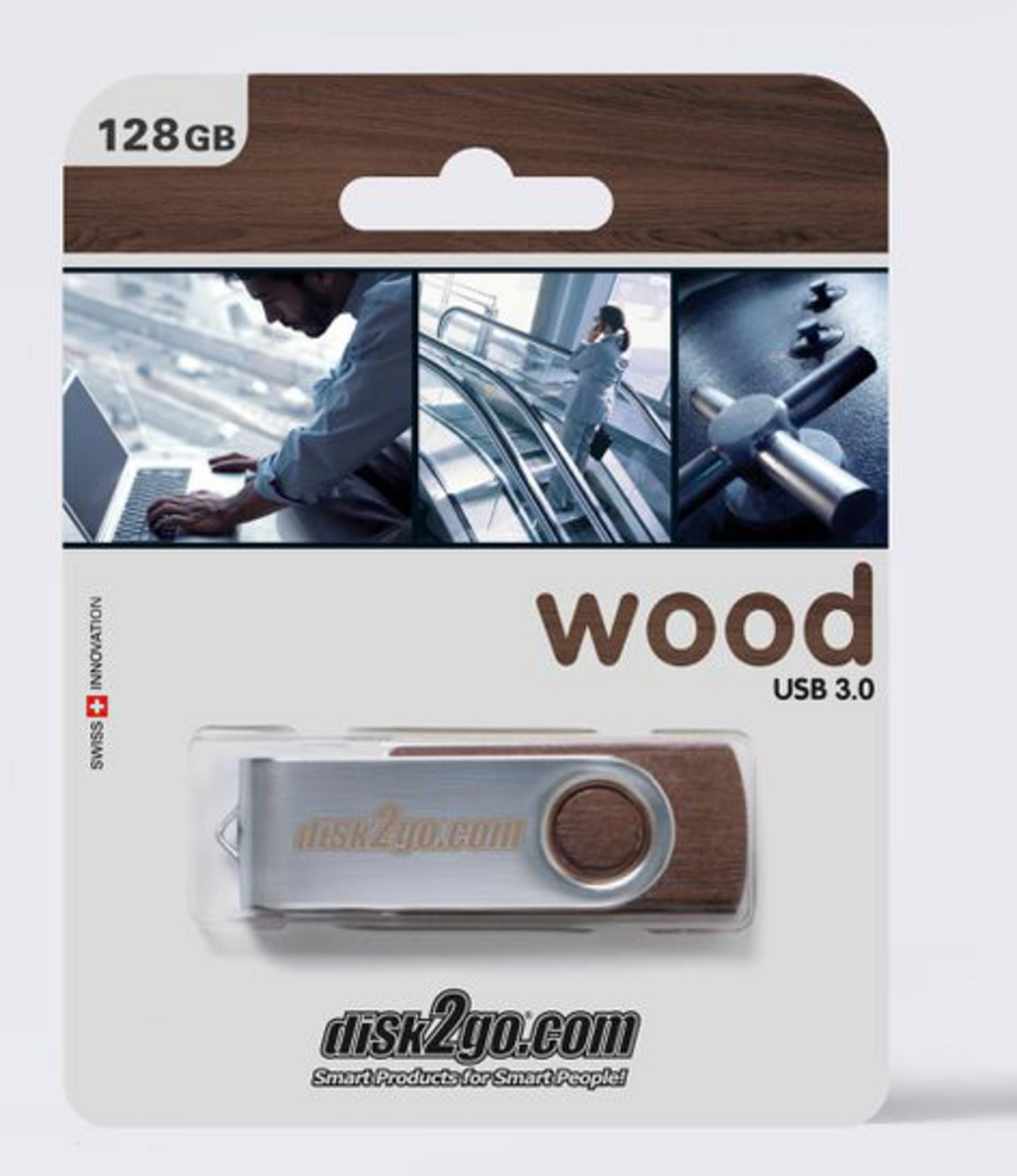 Un emballage de clé USB avec la marque '128 Go wood USB 3.0' et 'disk2go.com', avec trois petites images.