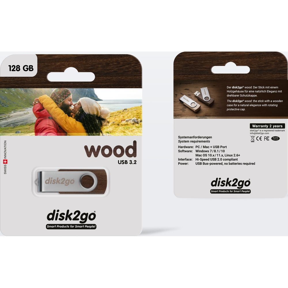 Emballage pour clé USB bois 128 Go avec photo d'un couple.