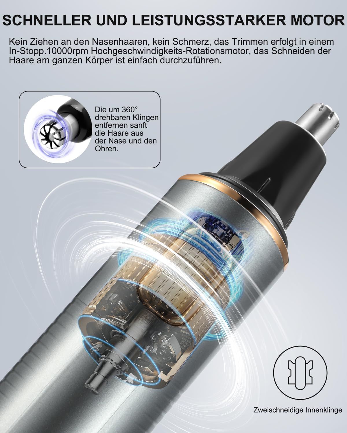 Nahaufnahme eines silbernen Nasenhaartrimmers mit detailliertem Motor und Klingen.