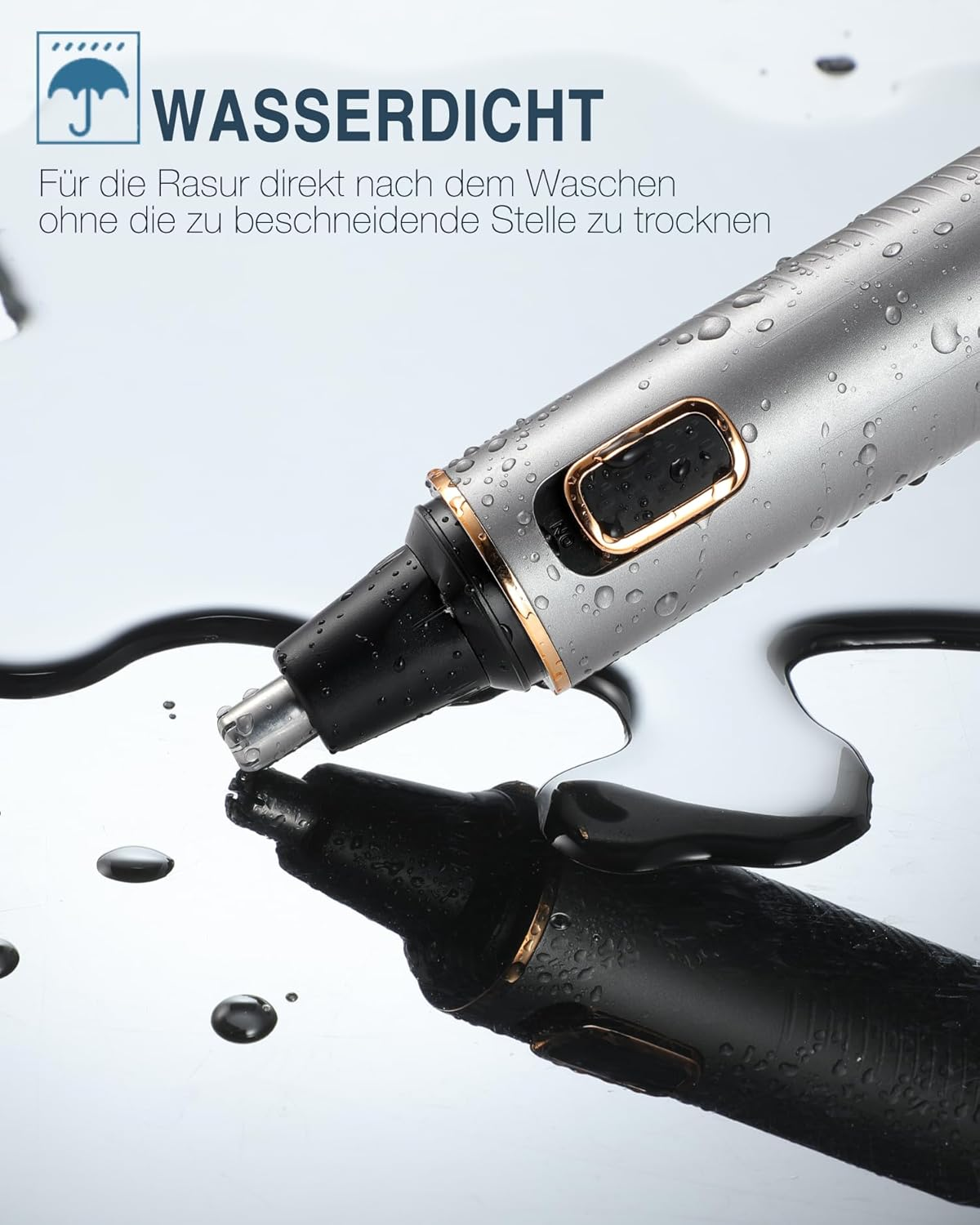 Wasserdichter Nasentrimmer mit Tropfen und Spiegelung auf glatter Oberfläche.