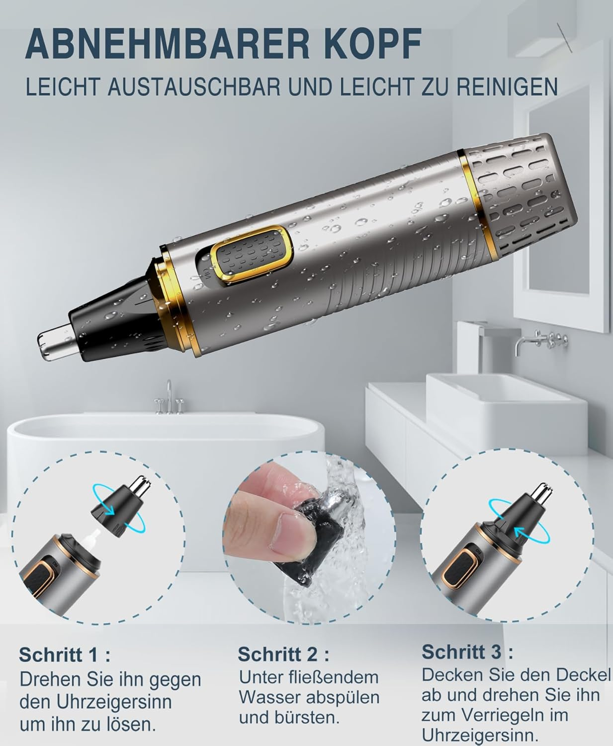 Ein silberner Nasentrimmer mit goldenen Akzenten, der gereinigt wird.