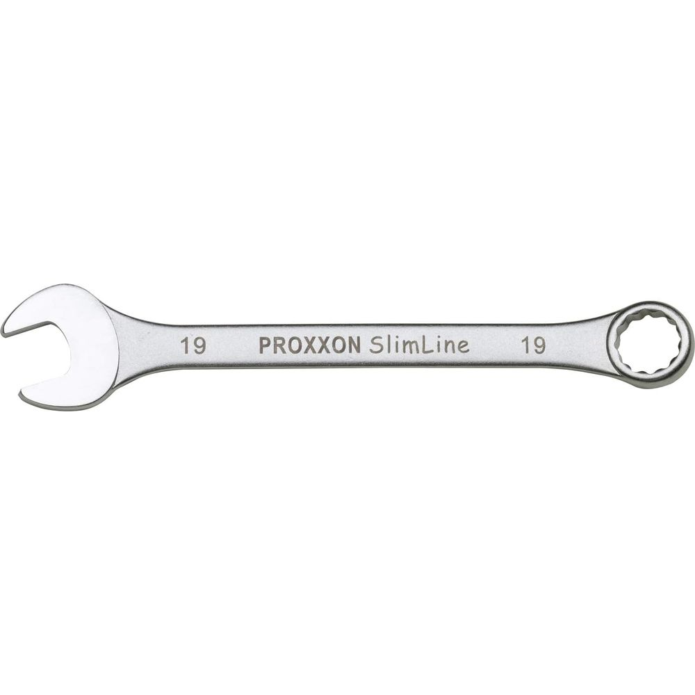 Ein silberner Schraubenschlüssel mit "PROXXON SlimLine 19" Aufschrift.