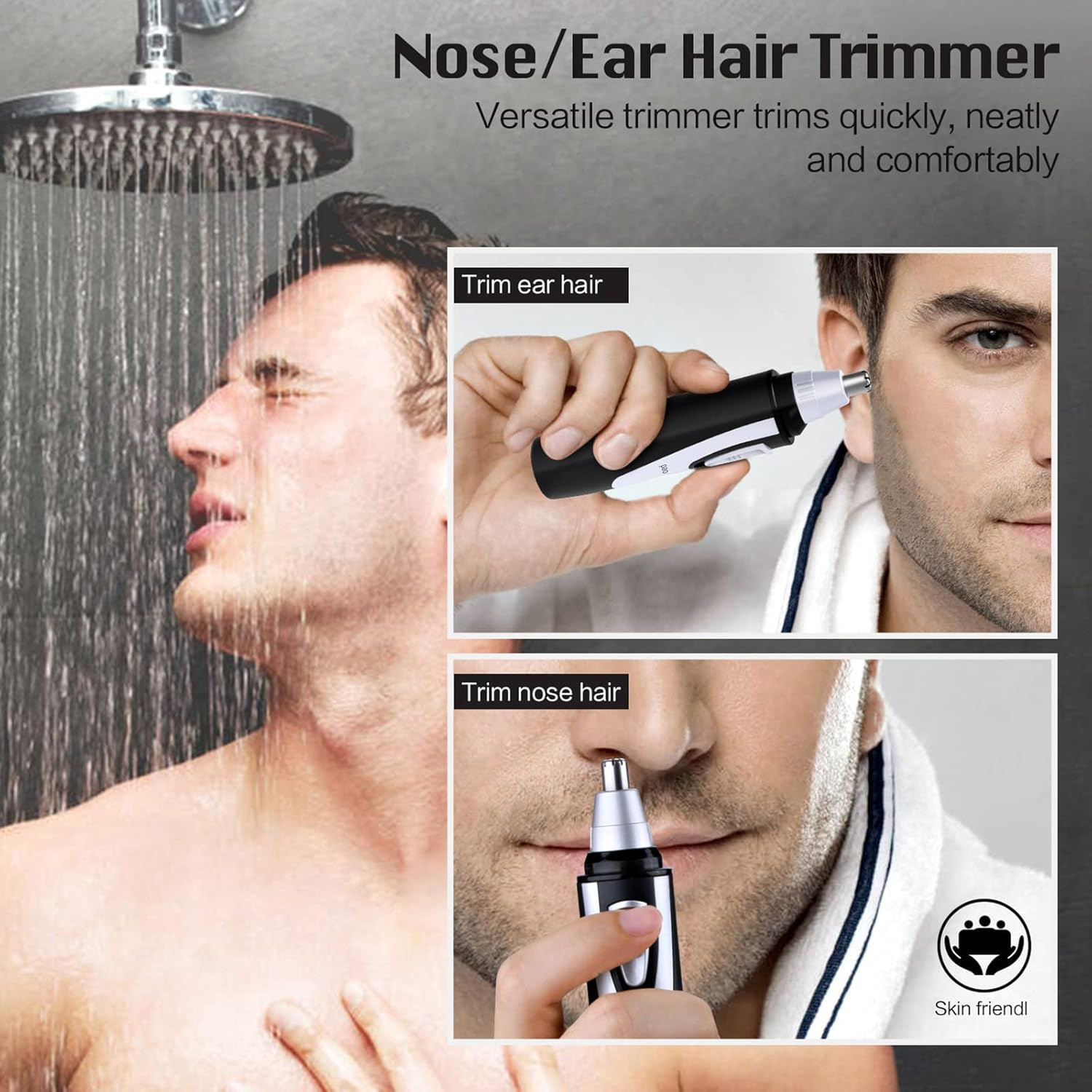 Ein Mann unter der Dusche, der einen Nasen-/Ohrhaartrimmer benutzt.
