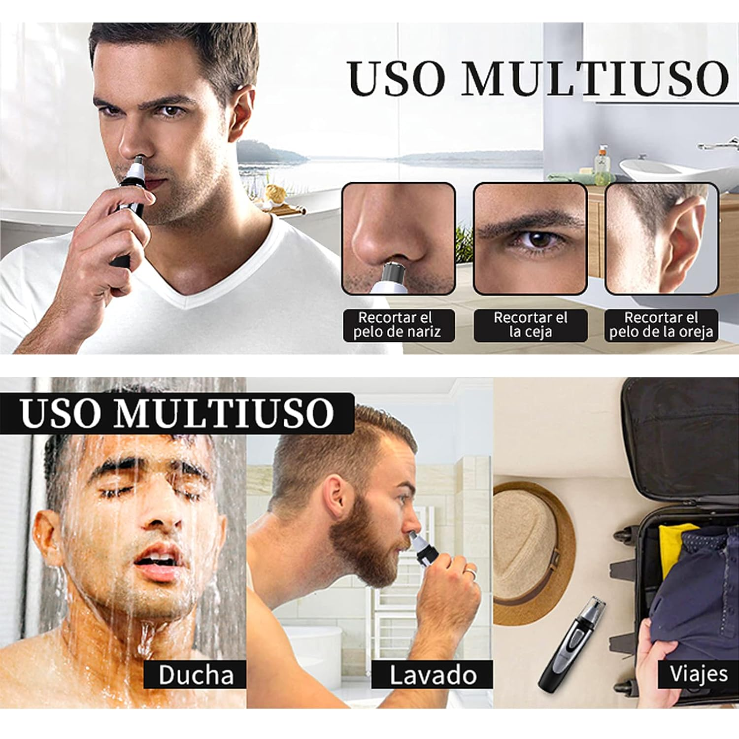 Mann benutzt Trimmer für Nase, Augenbrauen und Ohren. Er duscht, wäscht sich und packt für Reisen.