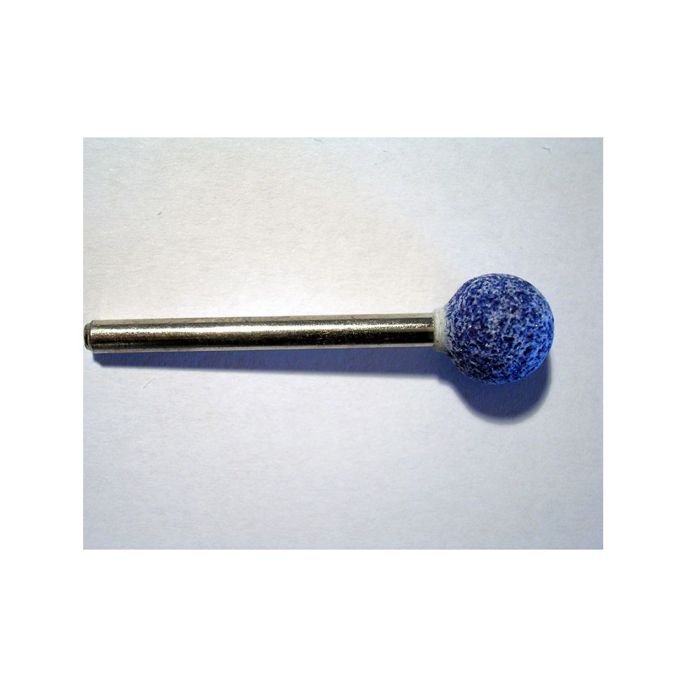 Ein blaues Schleifmittel mit Kugelkopf auf einem Metallstift.