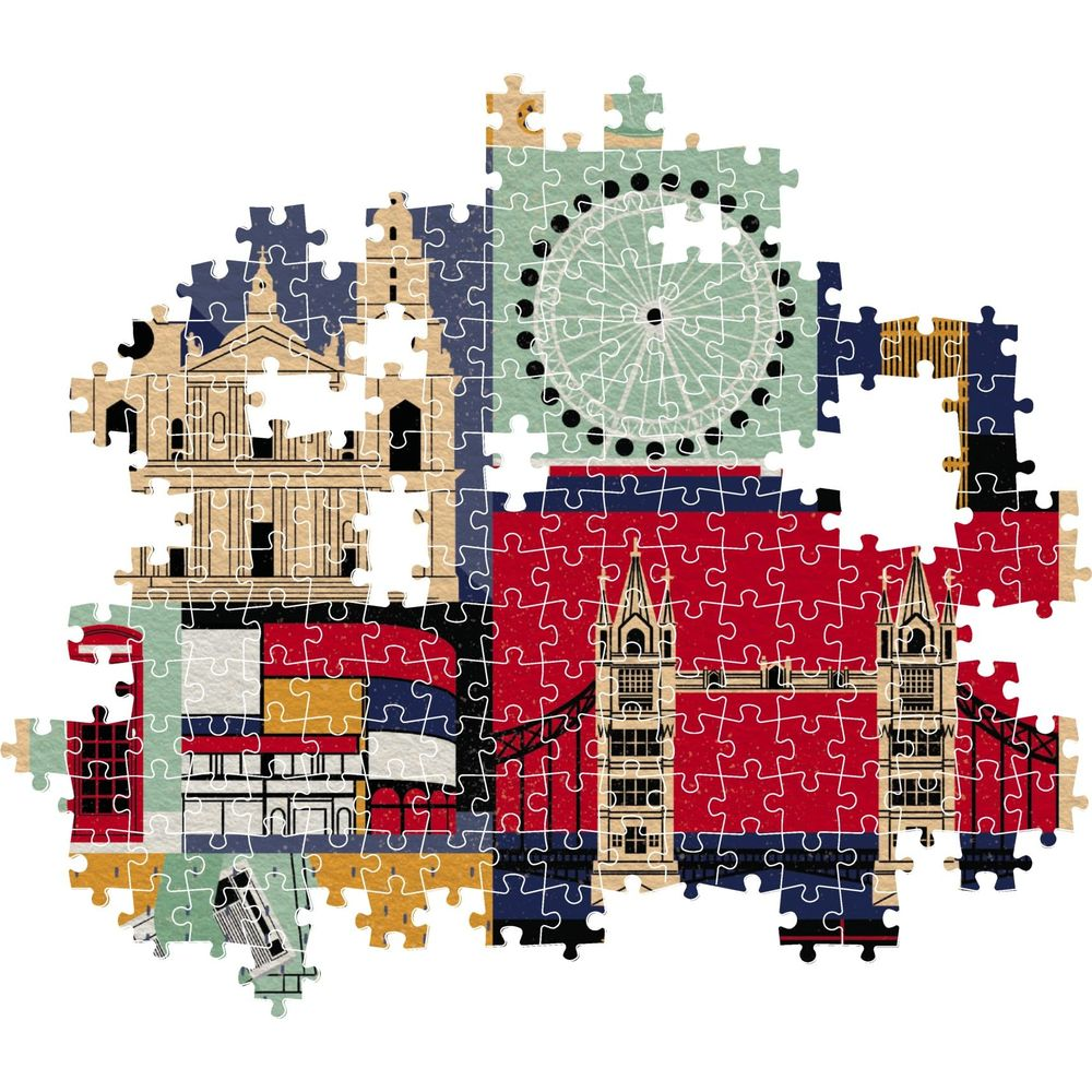 Puzzle con monumenti di Londra: ruota panoramica, edifici e ponti su sfondo rosso.