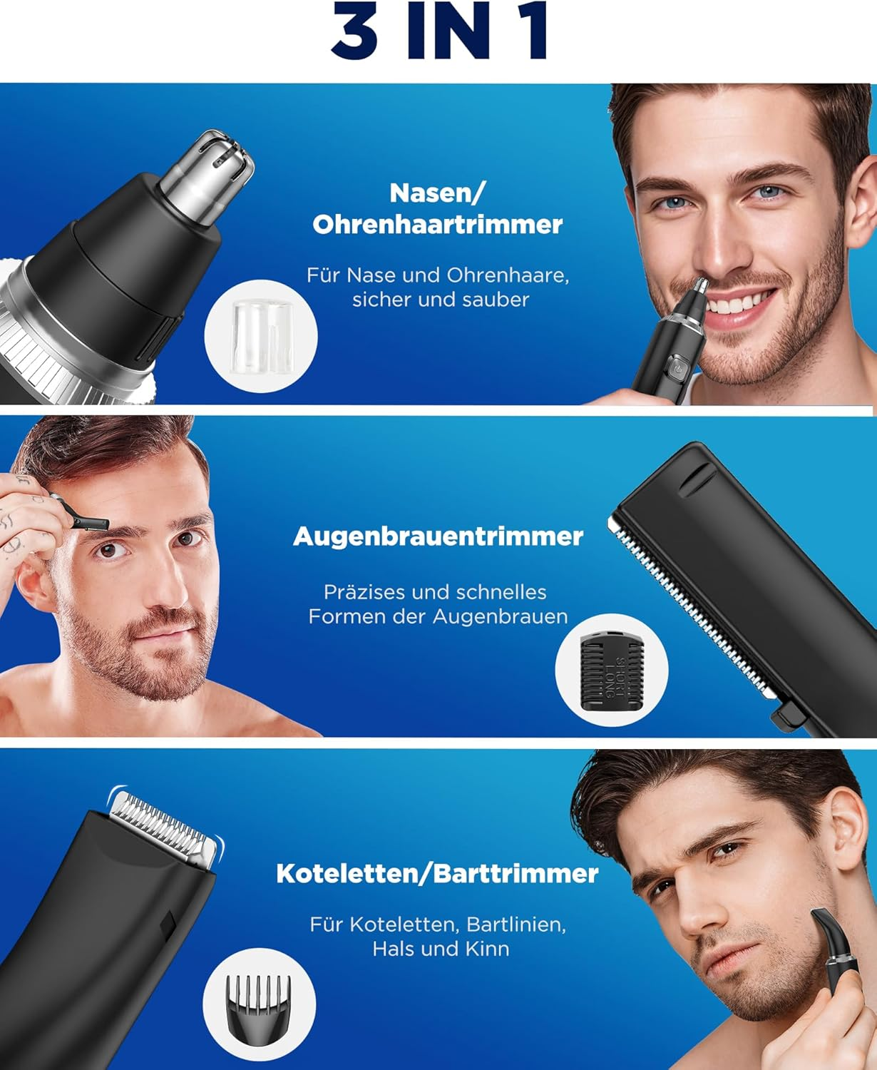 3-in-1 Trimmer: Nasen-, Augenbrauen- und Barttrimmer mit Aufsätzen.