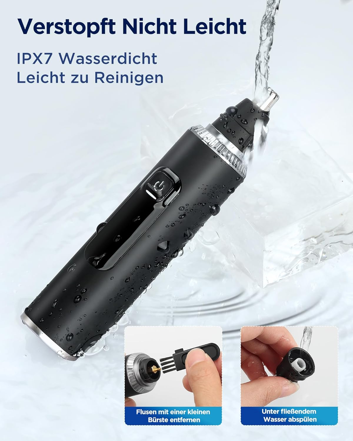 Schwarzer Nasenhaartrimmer wird unter Wasser gereinigt.