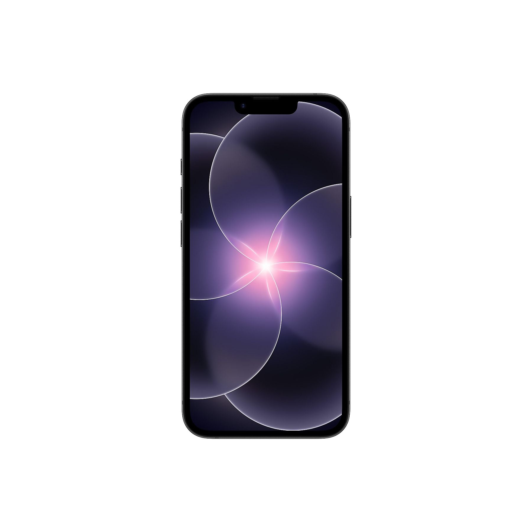 Ein schwarzes Smartphone mit einem kosmischen, violetten Hintergrundbild.