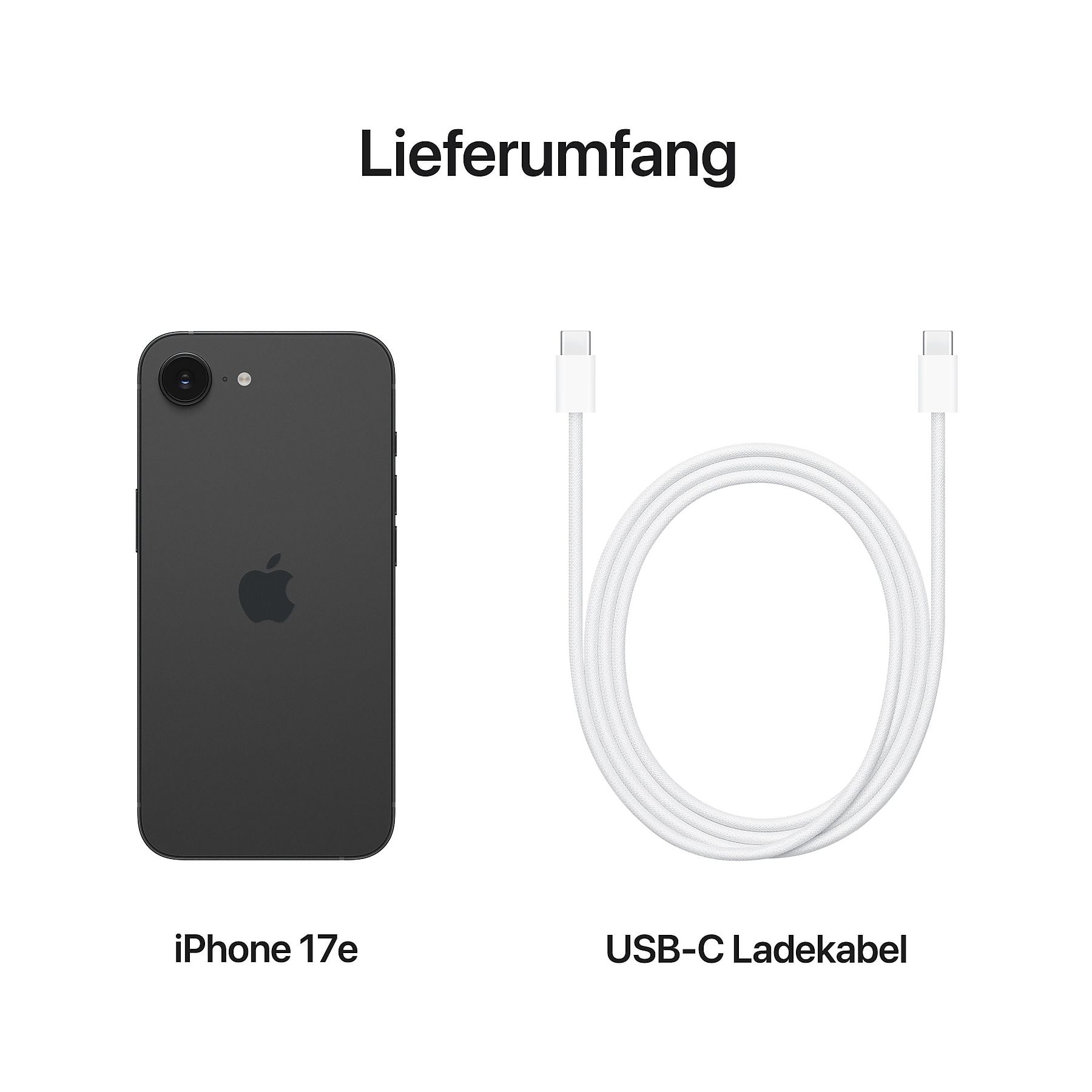 Ein schwarzes iPhone 17e und ein weißes USB-C Ladekabel.