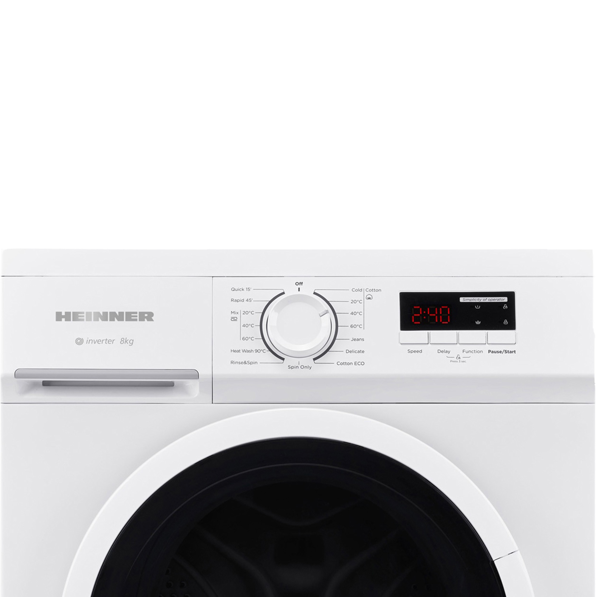 Front view of a white washing machine with control panel and digital display.