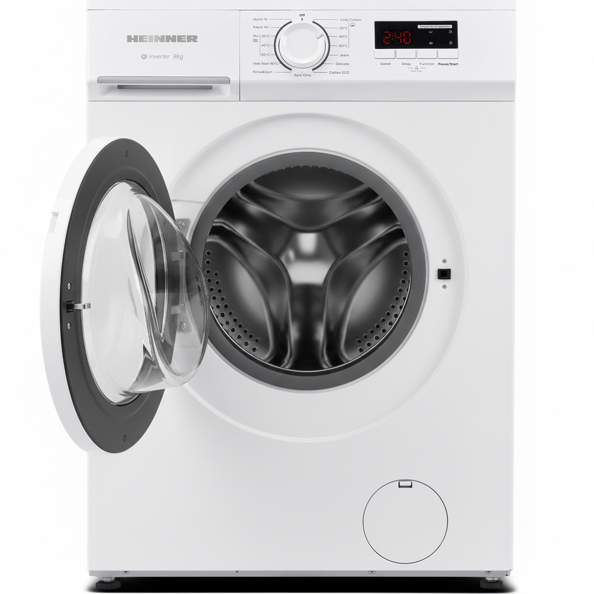 A white washing machine with an open door and digital display.