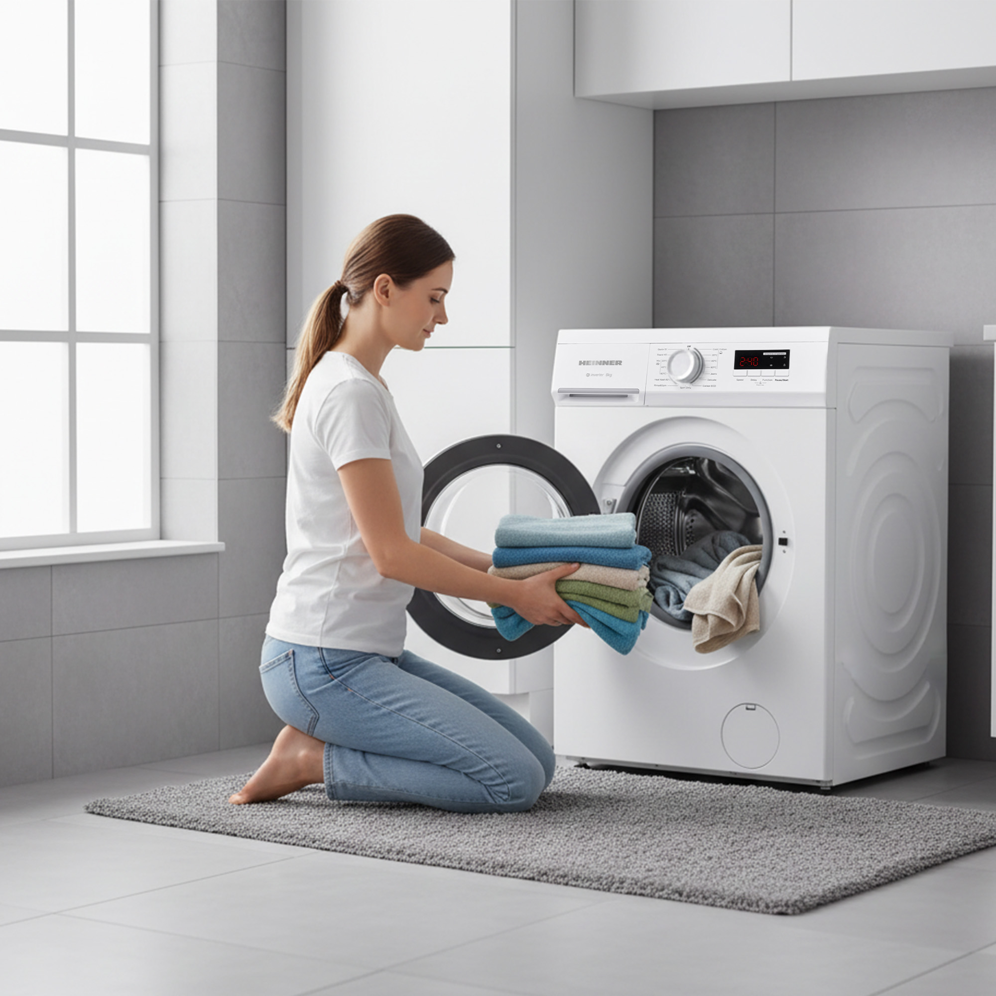 Woman loads laundry into washing machine. She kneels on a rug.