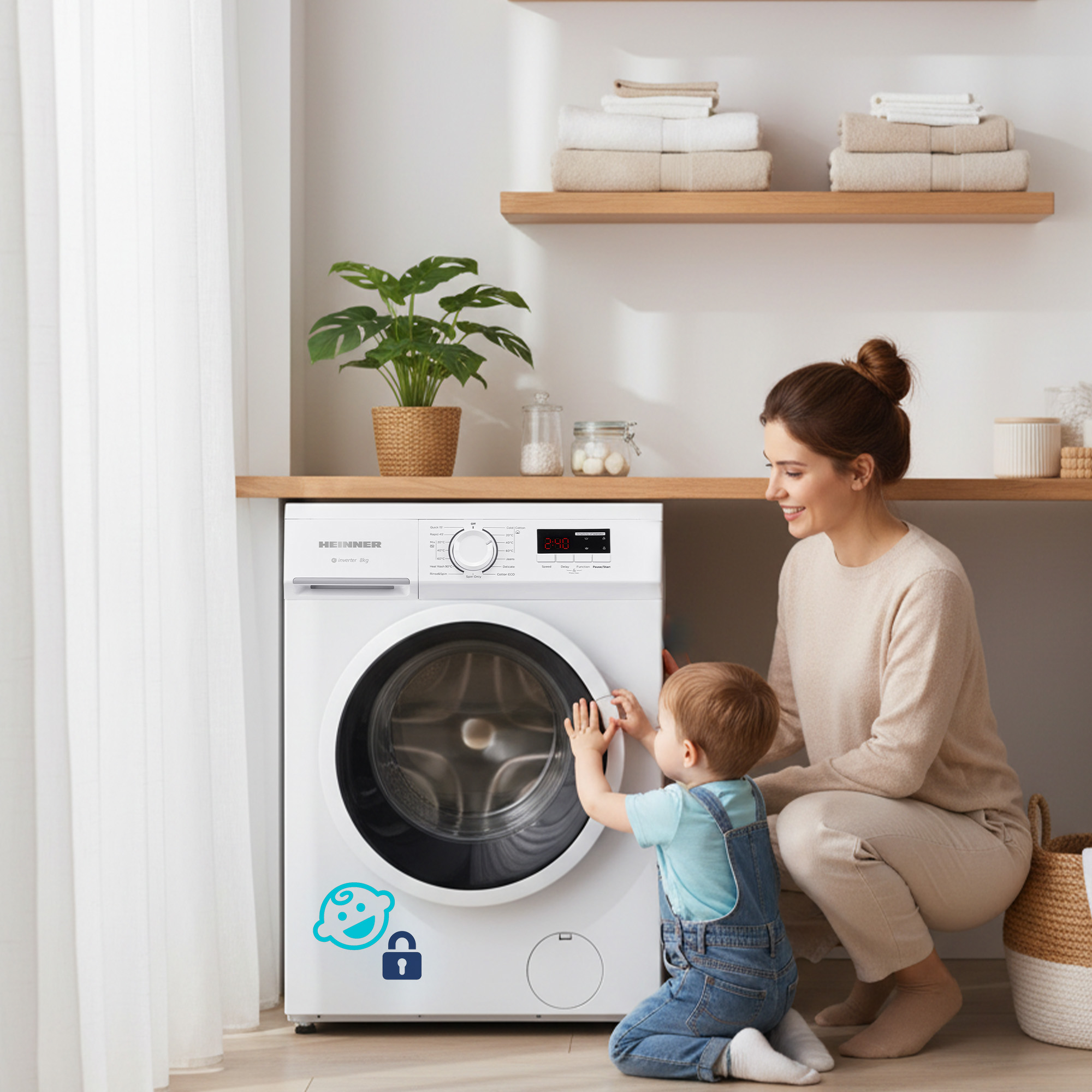 Mother and child in front of washing machine with baby lock icon.