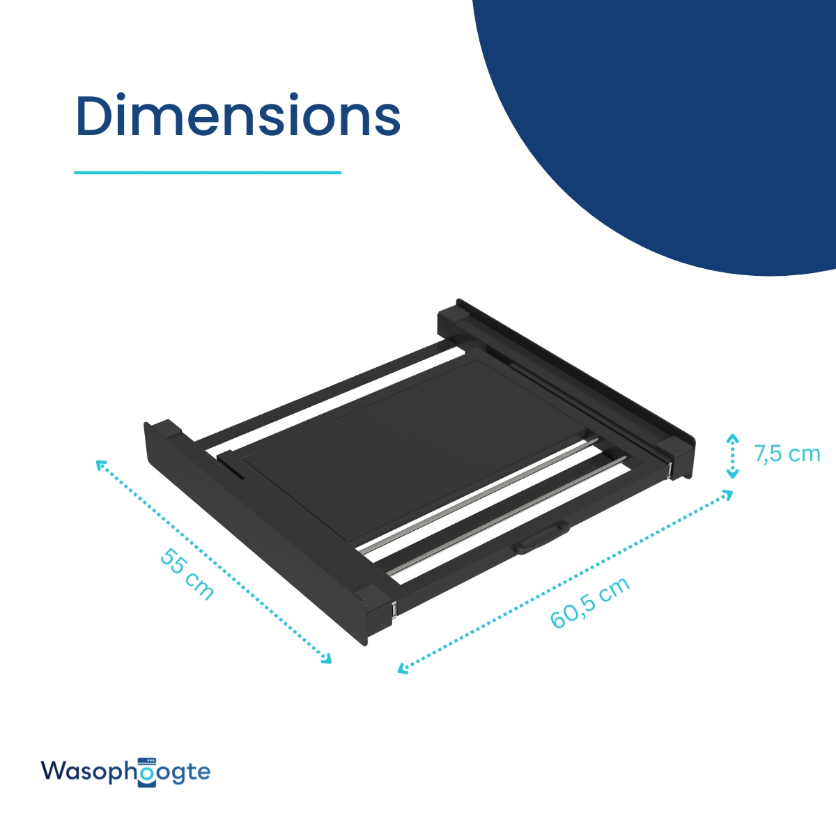 Black pull-out system with dimensions: 55cm, 60.5cm, and 7.5cm.