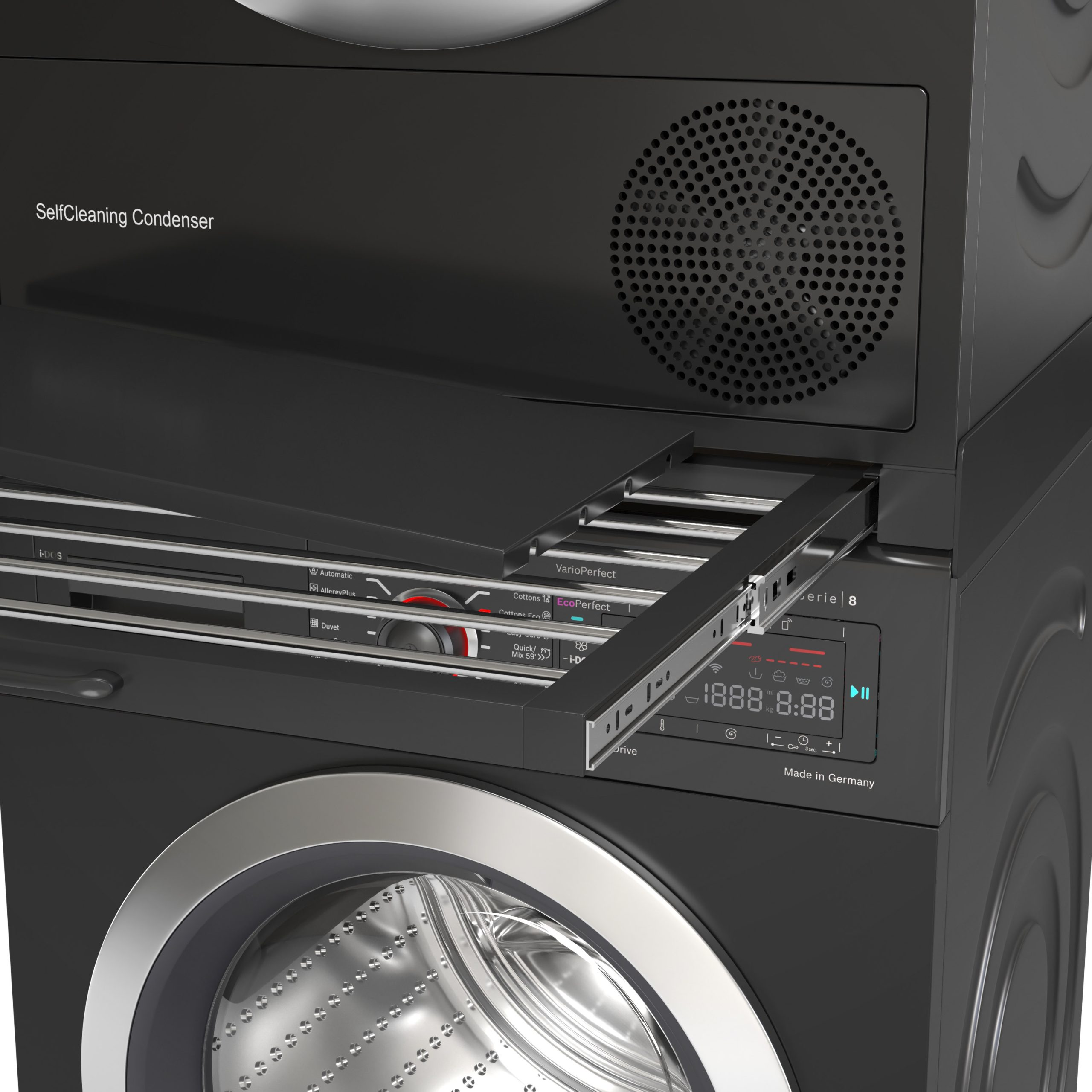 Black dryer with extended shelf and display. "SelfCleaning Condenser" label.