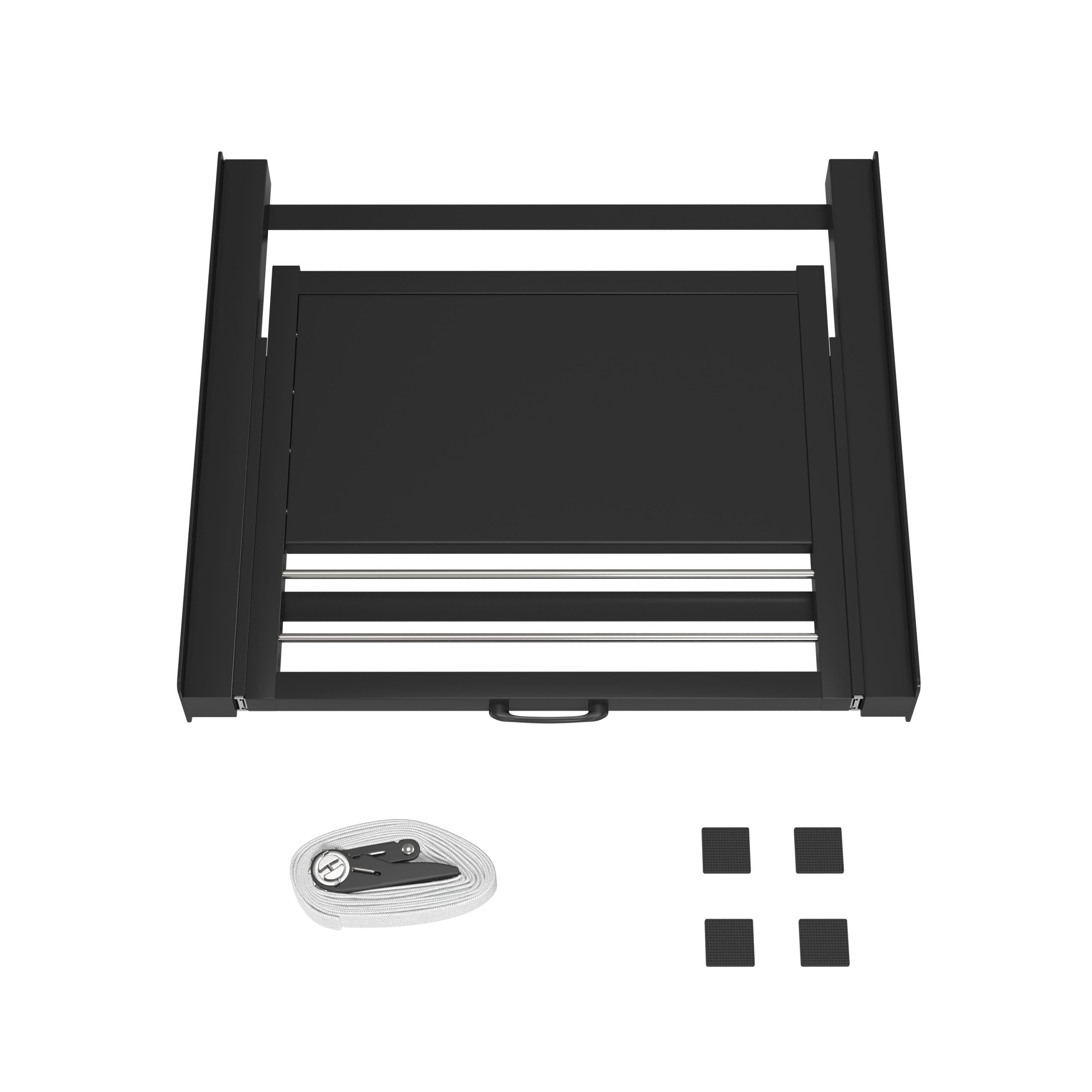 A black metal frame with a handle and accessories.