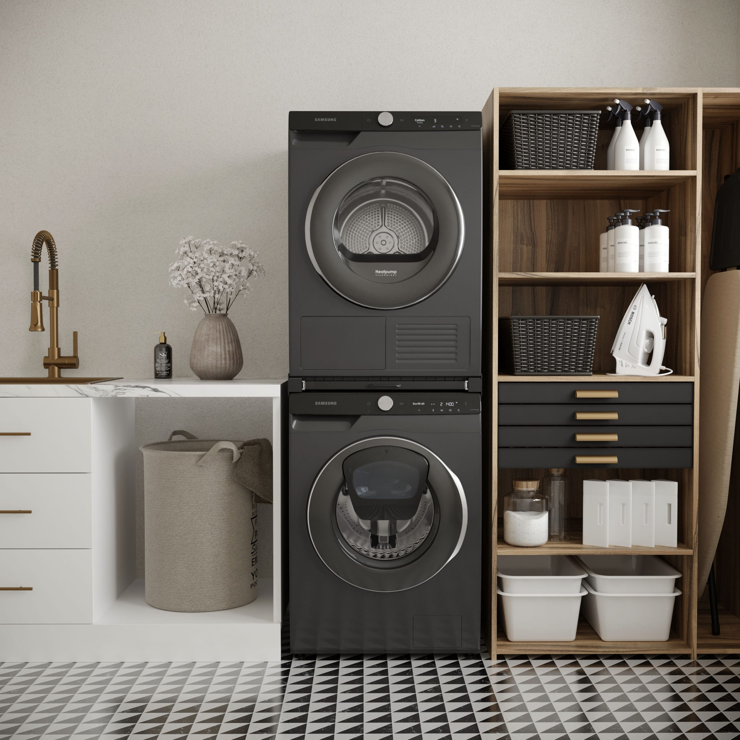 A modern laundry room with black appliances, wooden shelves, and baskets.