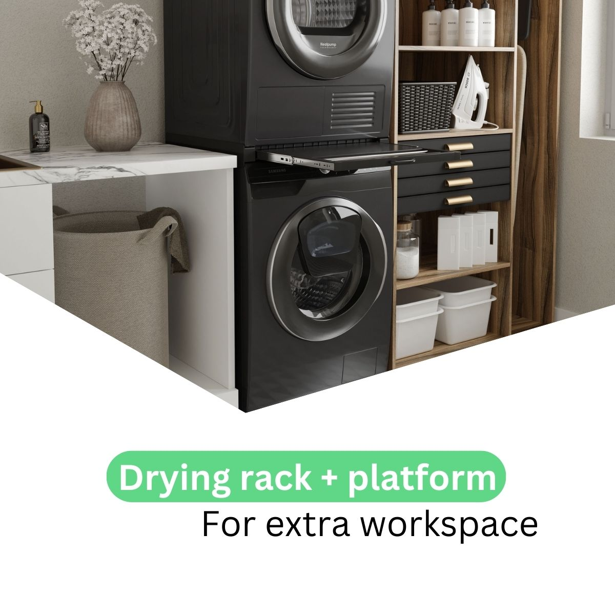 Black washer and dryer with white basket, flowers, and storage unit.