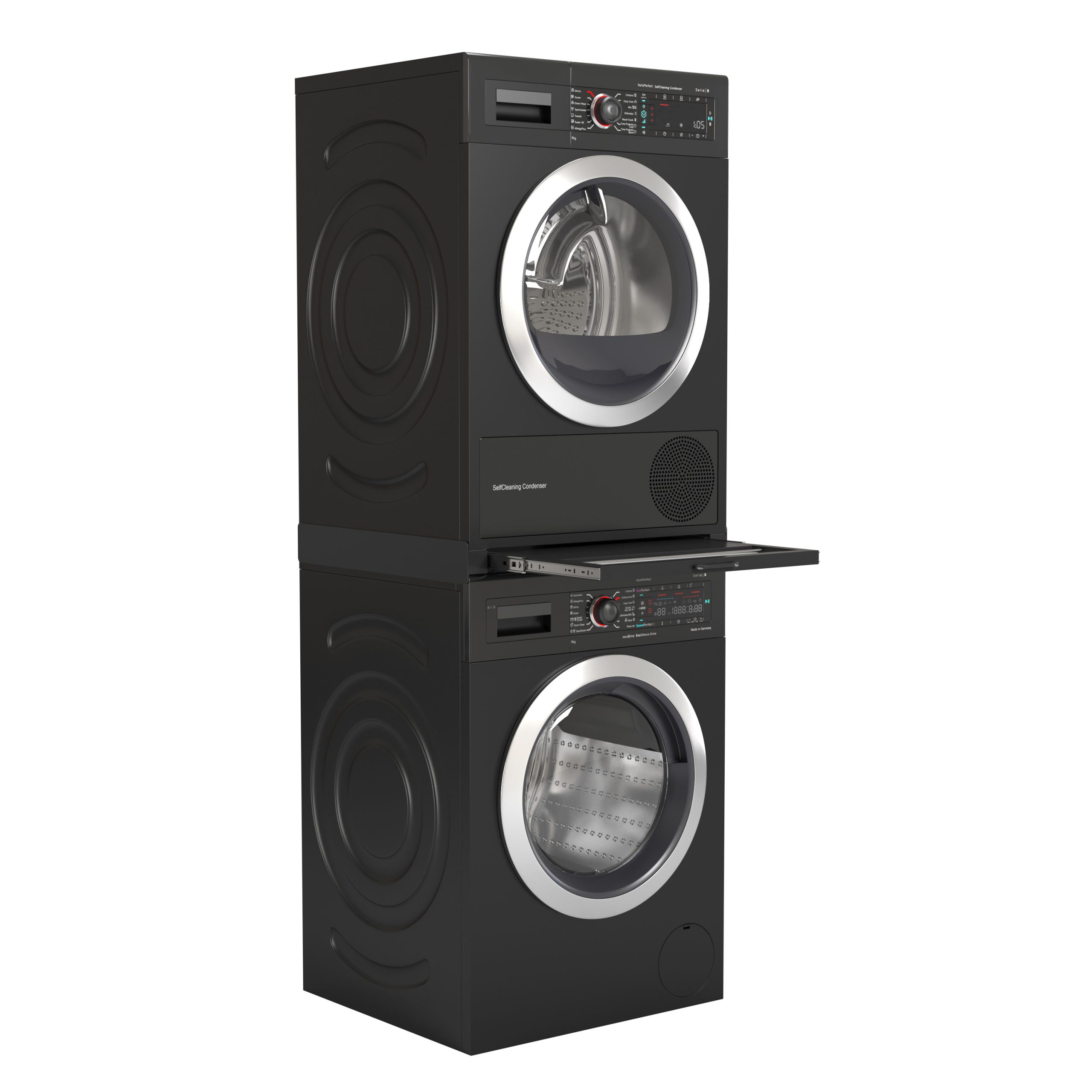 Stacked black washing machine and dryer with digital controls and silver accents.