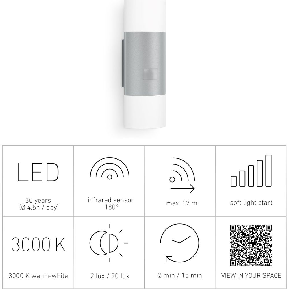 Applique LED moderna con dettagli sensore e codice QR.