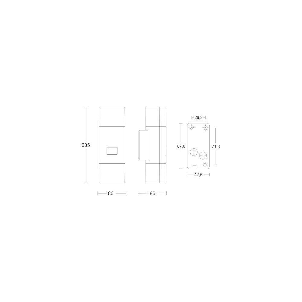 Disegno tecnico di una scatola bianca con dimensioni. Un rettangolo a sinistra, accanto un altro con una sporgenza.