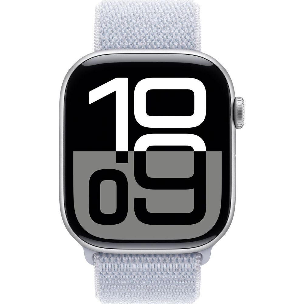 Un smartwatch grigio chiaro mostra le 10:09.