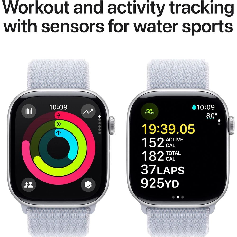 Due Apple Watch con dati di attività: uno con anelli, l'altro con tempo, calorie, giri.
