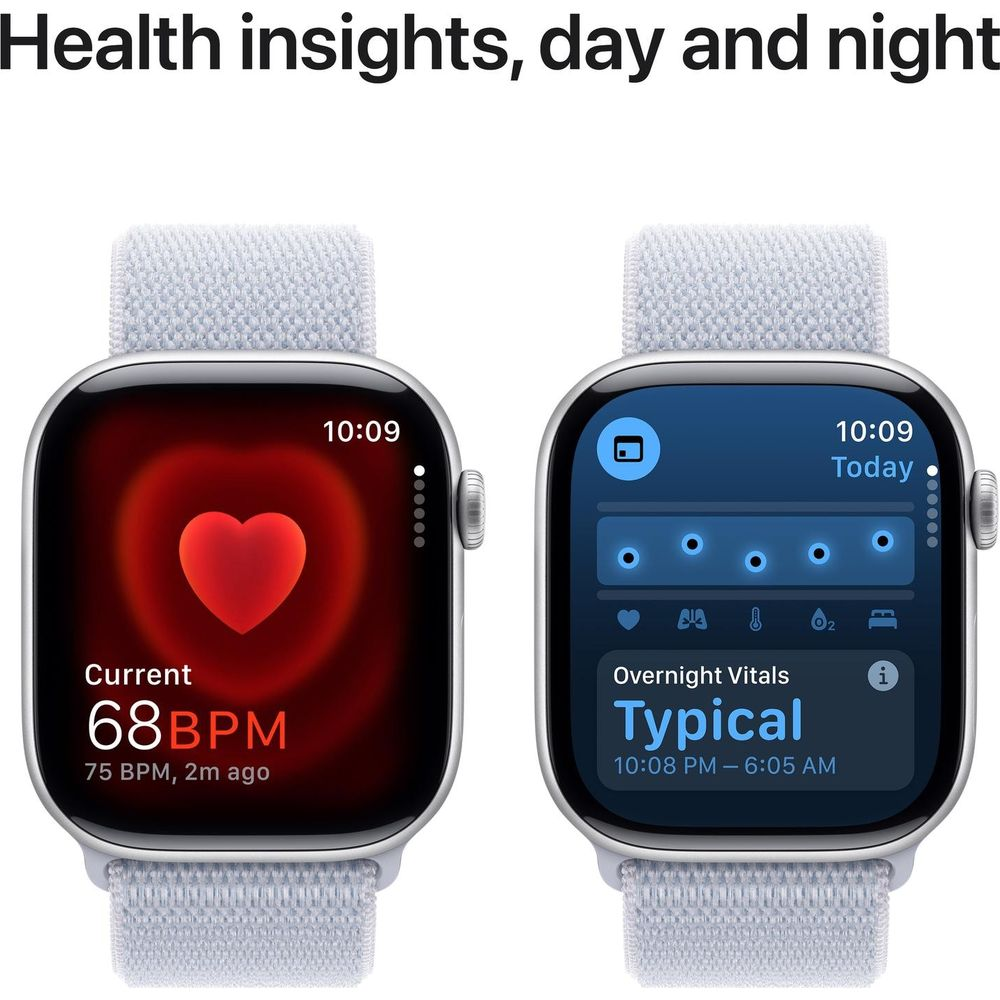 Due Apple Watch mostrano dati sanitari: frequenza cardiaca e parametri notturni.
