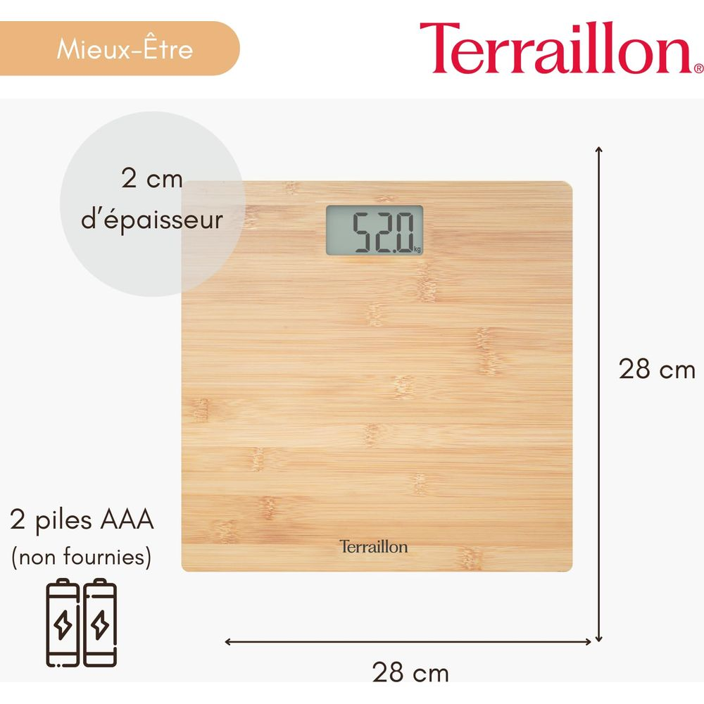 Drewniana waga cyfrowa pokazująca 52,0 kg. Wymiary 28x28cm.