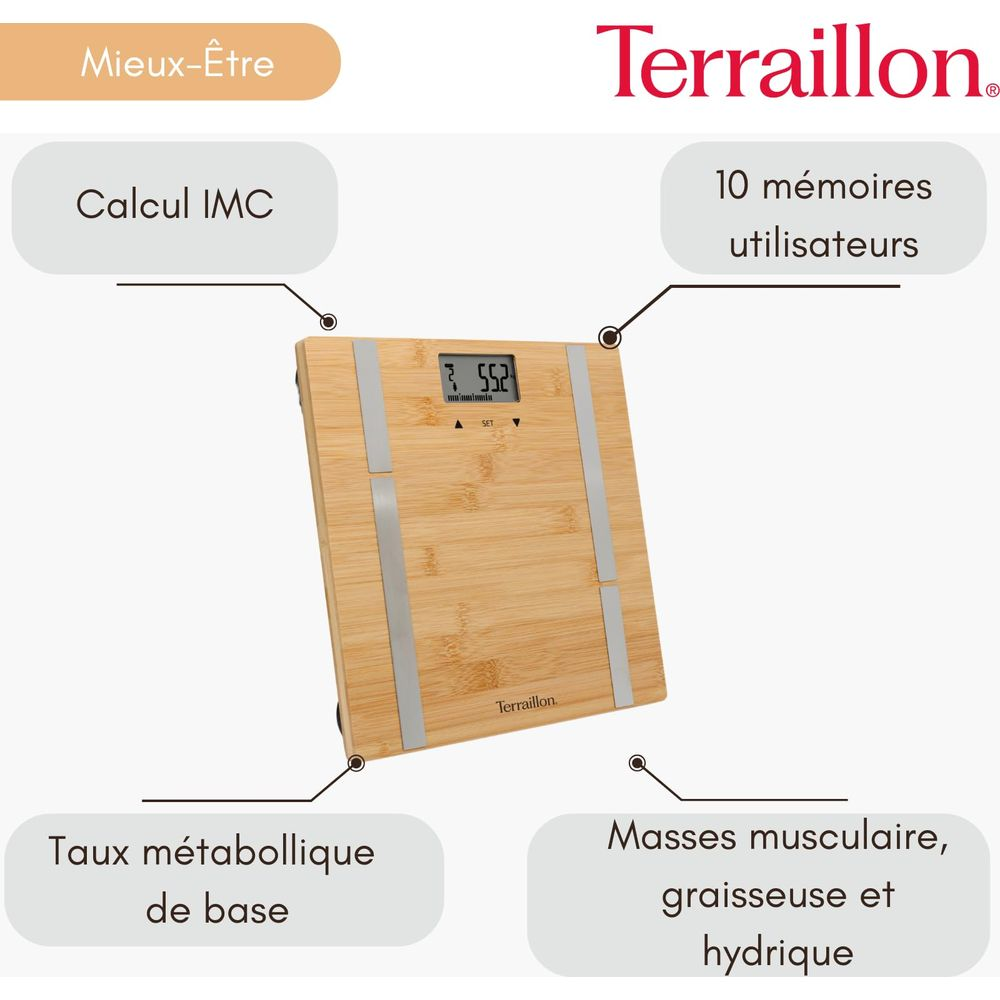 Drewniana waga łazienkowa z cyfrowym wyświetlaczem mierzącym BMI, tkankę tłuszczową i mięśniową.