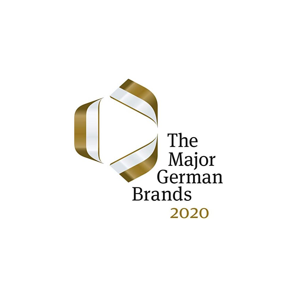 Logo avec un 'D' stylisé or et argent, texte 'The Major German Brands 2020'.