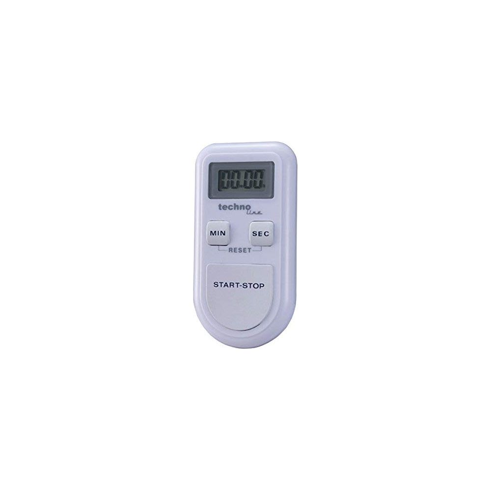 Un timer digitale bianco con display nero e pulsanti Min, Sec, Reset, Start-Stop.