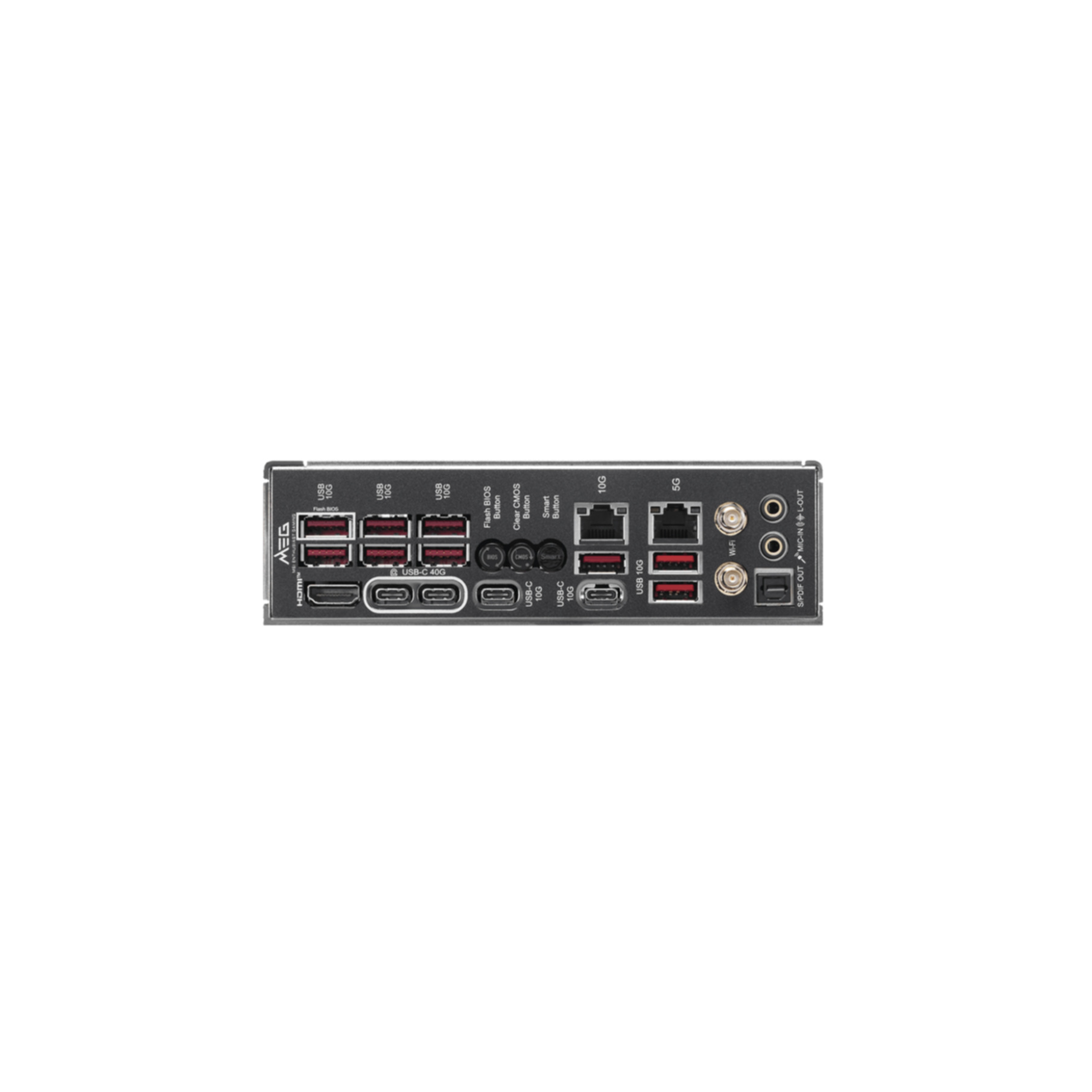 Achterpaneel moederbord met USB, USB-C, HDMI, Ethernet, Wi-Fi en audio poorten.