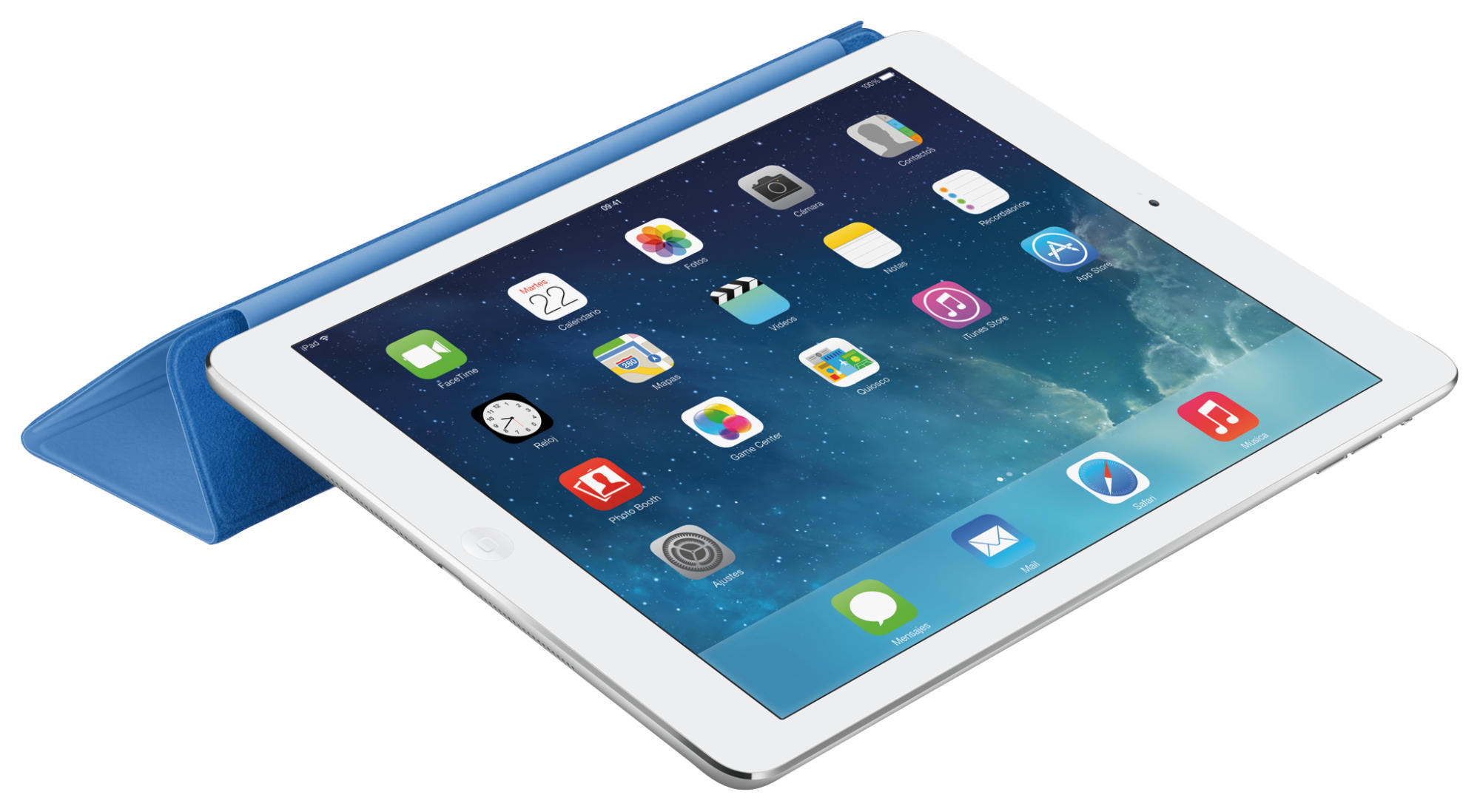 Biały iPad z niebieską okładką wyświetla ekran główny z wieloma ikonami aplikacji.