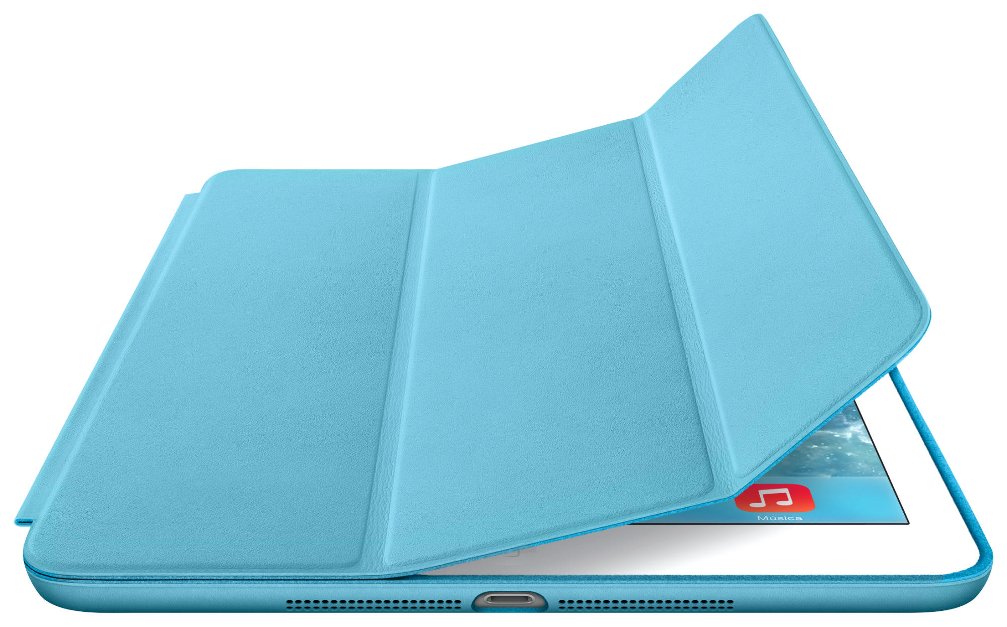 Jasnoniebieski tablet z otwartą okładką pokazuje aplikację muzyczną.