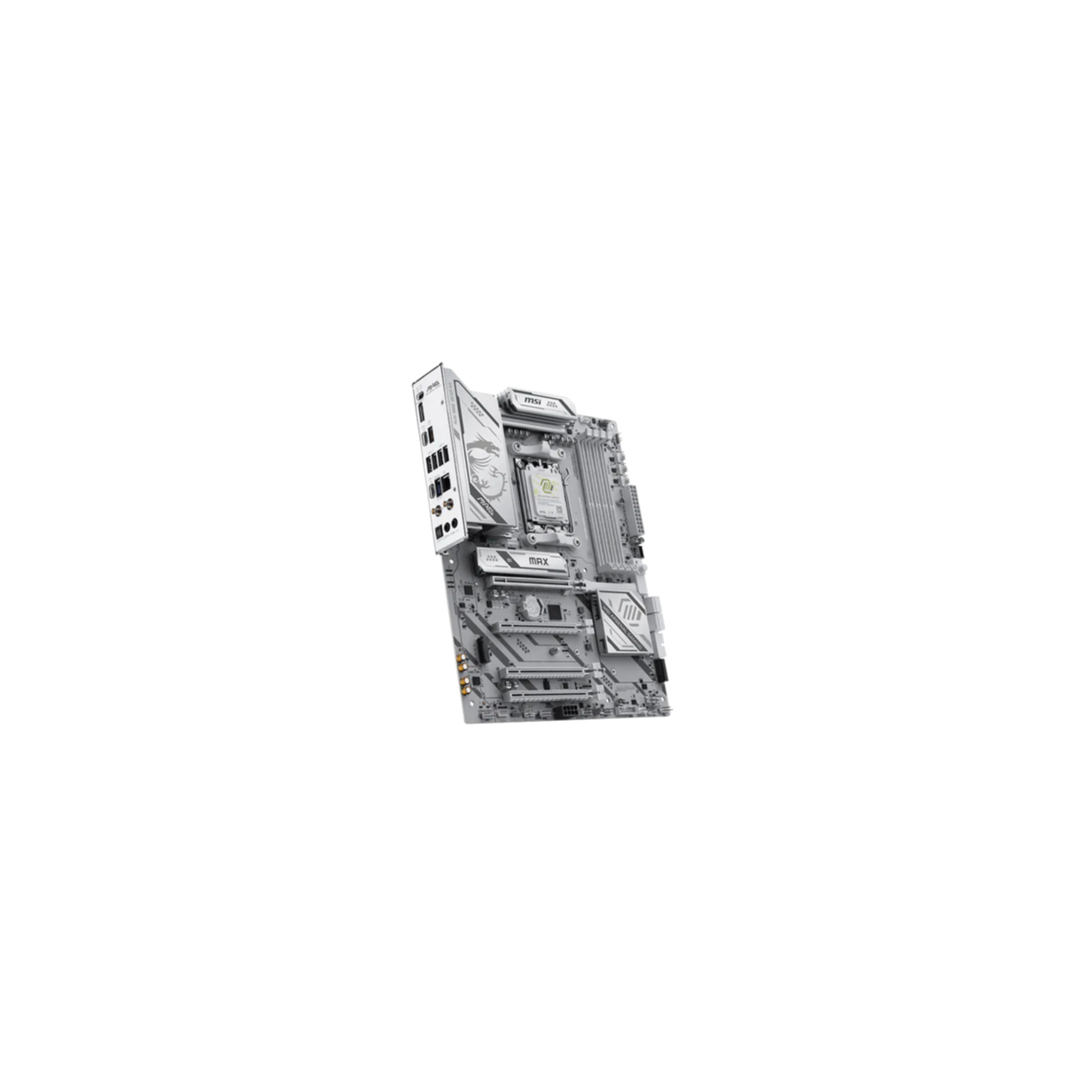 Eine weiße MSI-Motherboard-Platine mit silbernen Akzenten auf weißem Hintergrund.