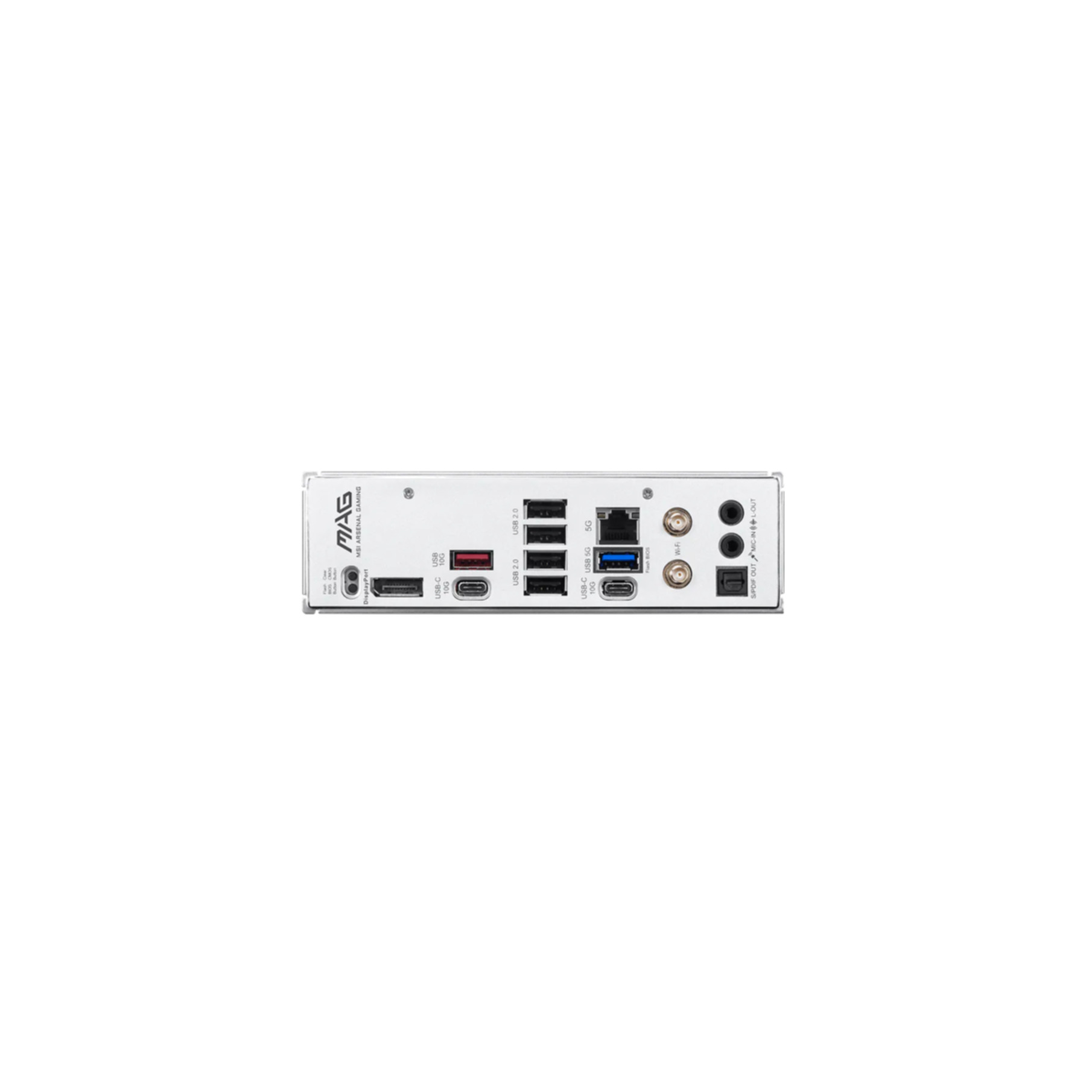 Rückseite eines weißen Motherboards mit Anschlüssen: DisplayPort, USB-C, USB 2.0, 5G, Wi-Fi.