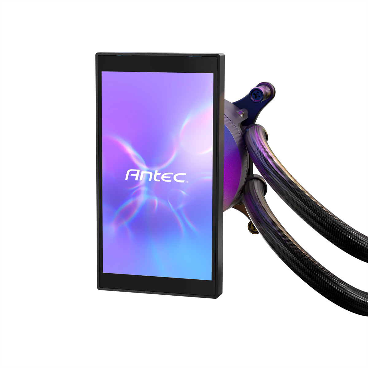 Ein Antec Computer-Kühler mit einem vertikalen Bildschirm, der Antec-Logo anzeigt.