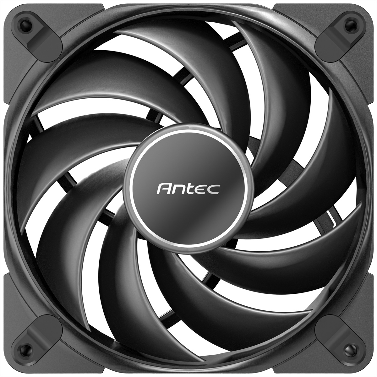 Ein schwarzer Computerlüfter mit neun gekrümmten Flügeln und dem Antec-Logo.