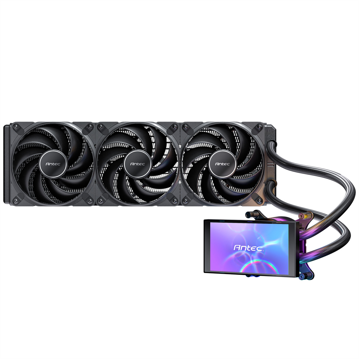 Ein schwarzer CPU-Kühler mit drei Lüftern und einem kleinen Bildschirm.