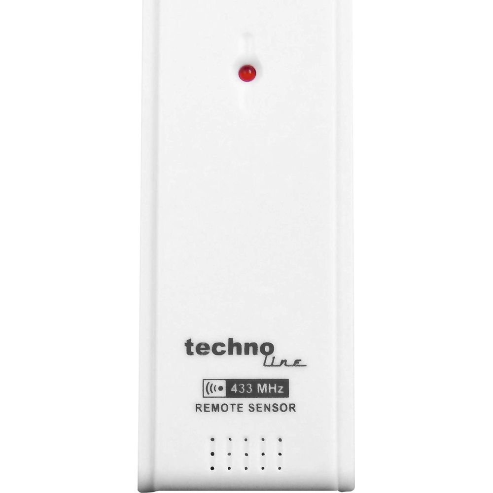 Un sensore remoto bianco Techno Line con LED rosso ed etichetta 433 MHz.