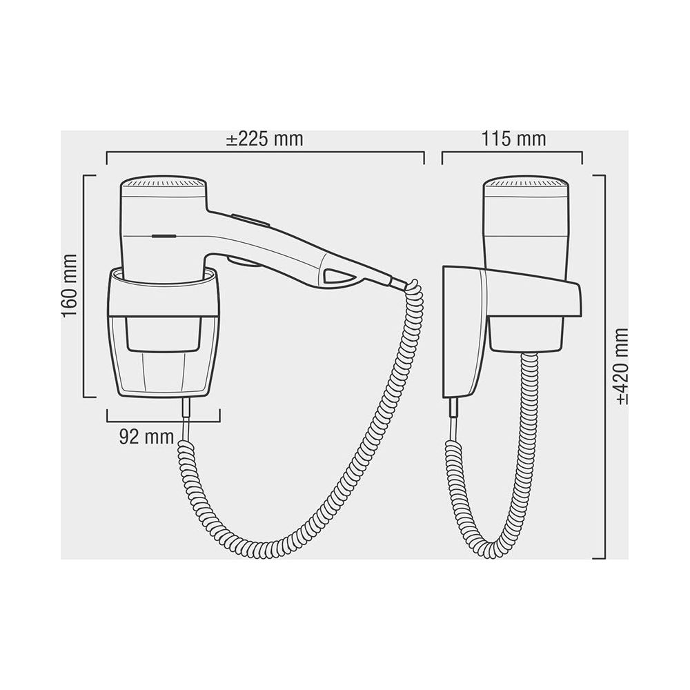 Rysunek techniczny suszarki ściennej z wymiarami.