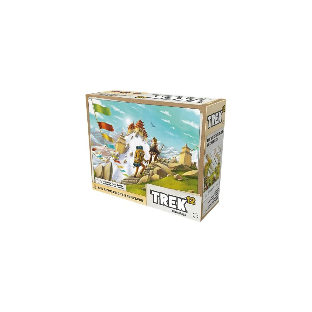 Una scatola del gioco da tavolo "Trek 12 Himalaya". Due escursionisti su un sentiero.