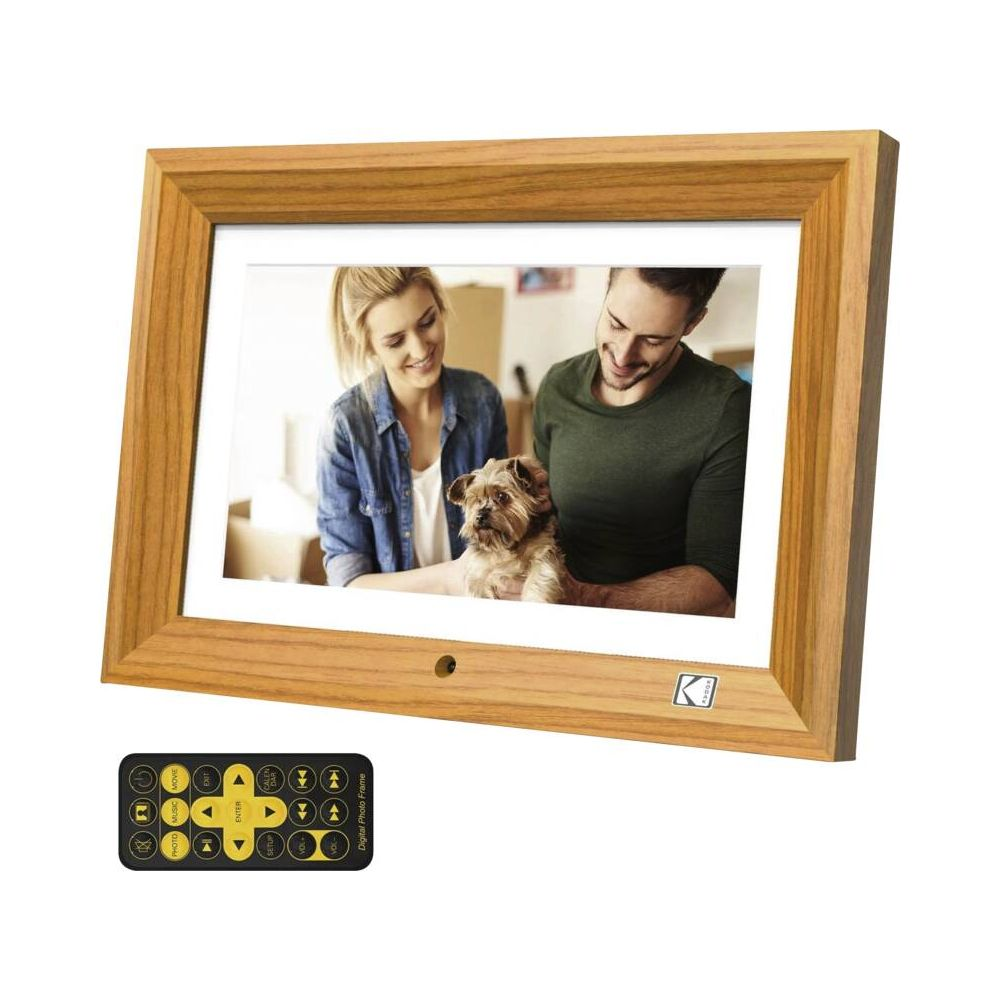 Drewniana ramka cyfrowa z parą i psem, z pilotem.