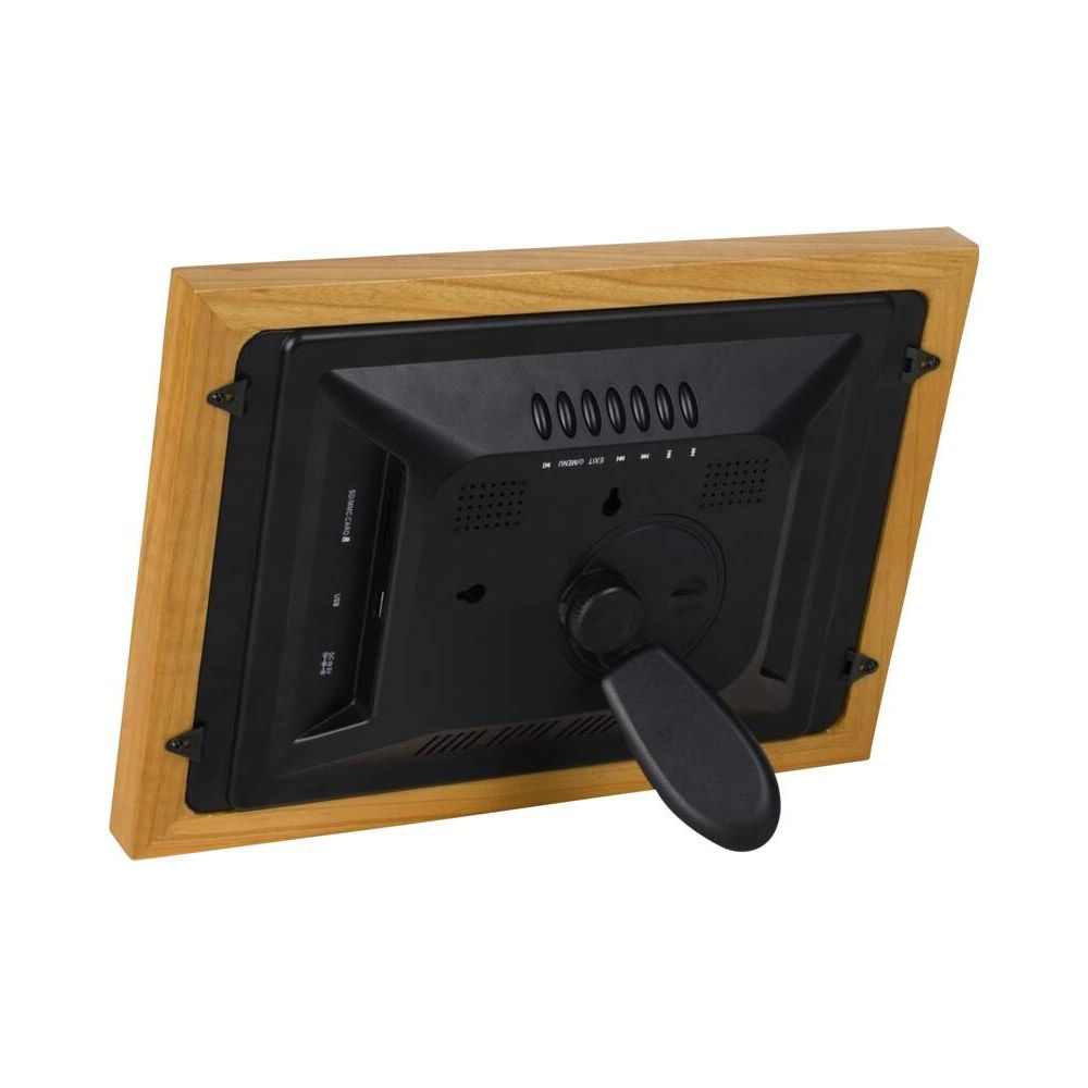 Tył ramki cyfrowej z drewnianymi akcentami, podpórką i portami.