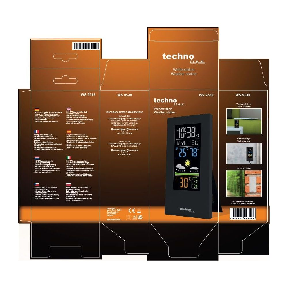 Confezione di una stazione meteo Techno Line WS 9548 con dettagli e accessori.