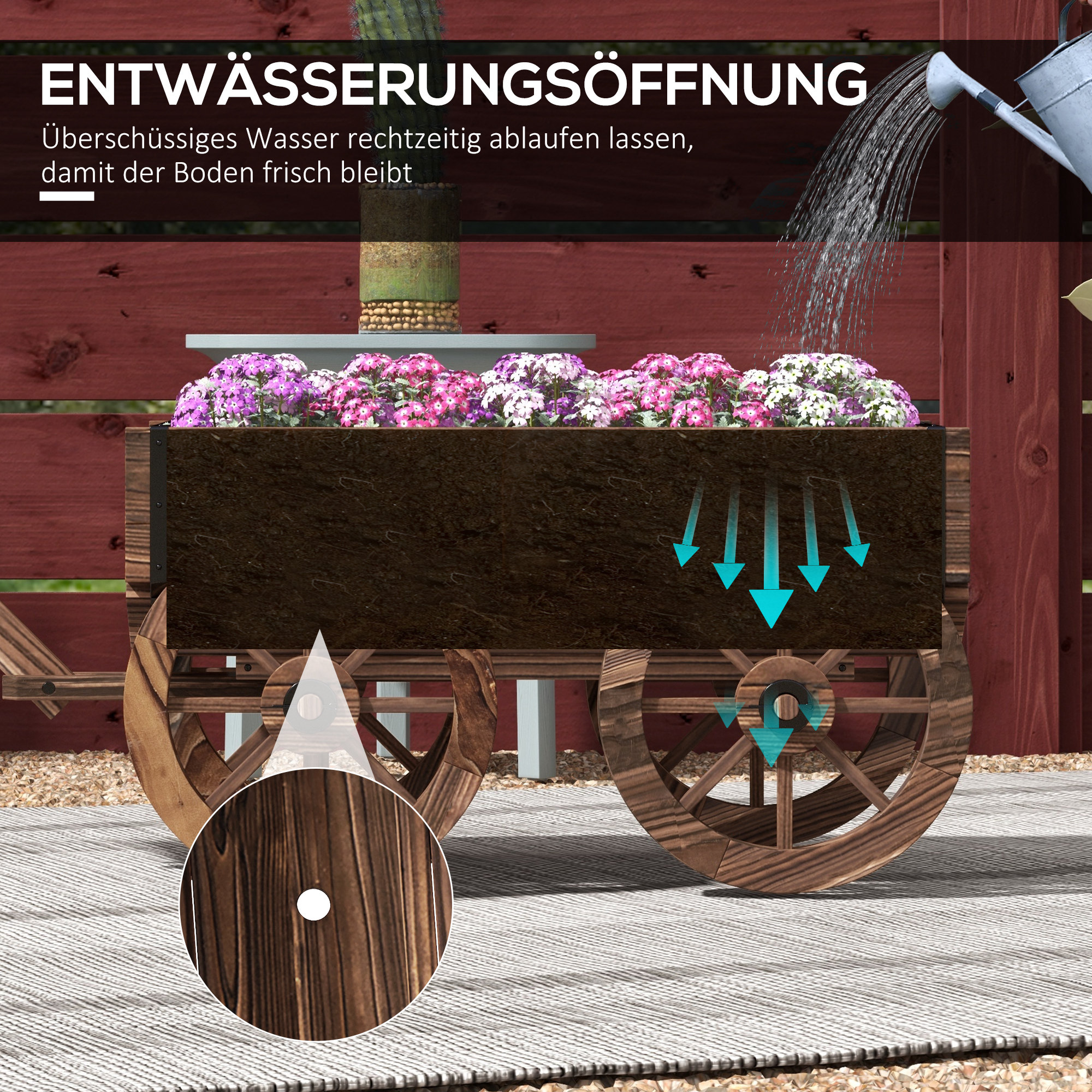 Gießkanne bewässert Blumen in Wagen-Pflanzgefäß mit Drainageanzeige.