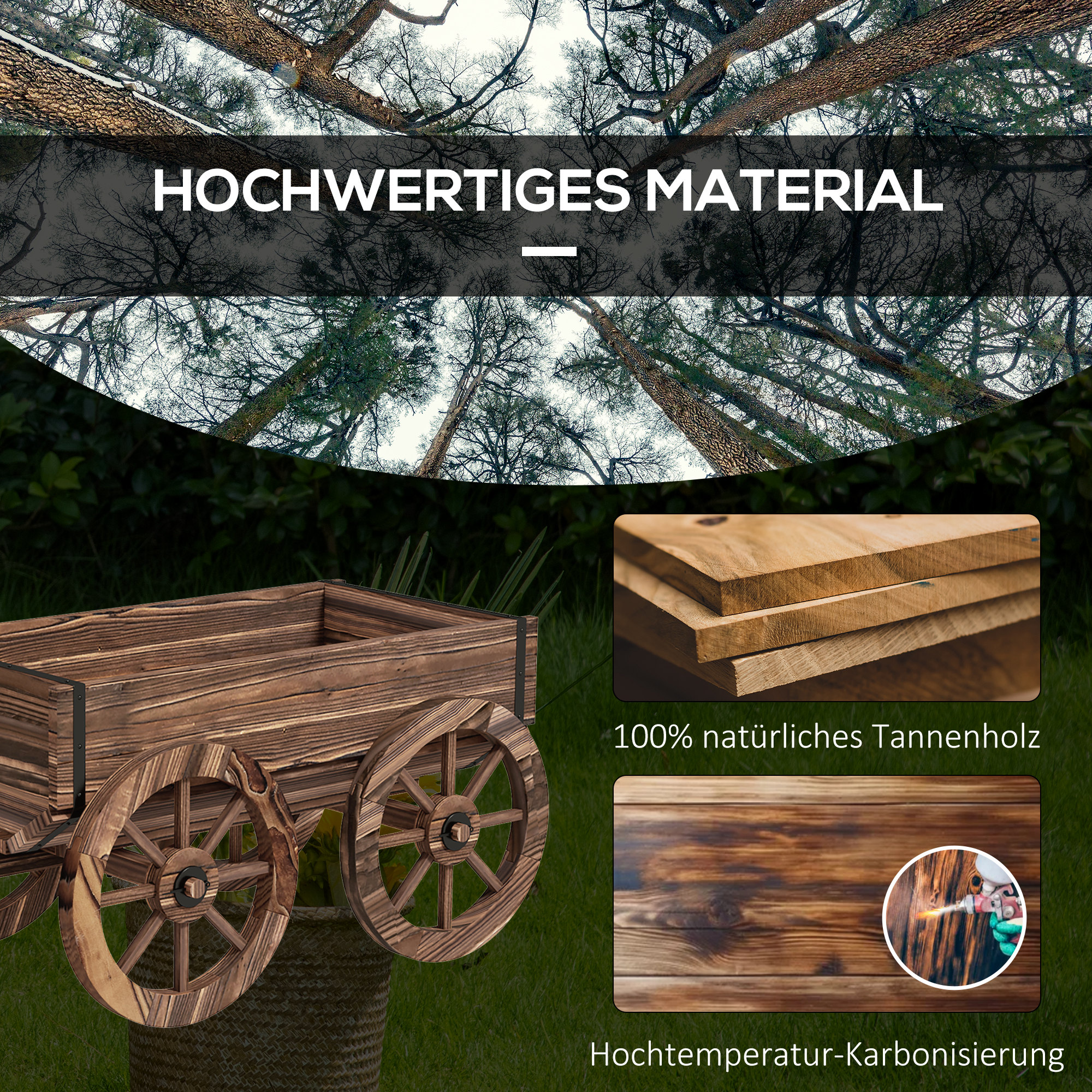 Holzwagen mit Rädern, Holzbretter, Flamme sprüht auf Holz.